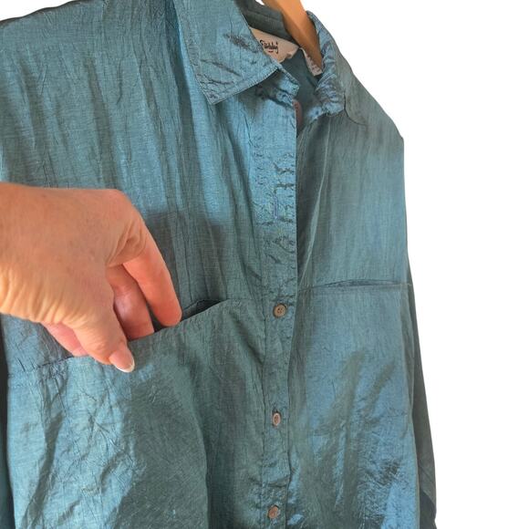 Vintage Diane Von Furstenberg Shirt Medium Blue Button Up Crinkle Retro 80s Top - Picture 2 of 6